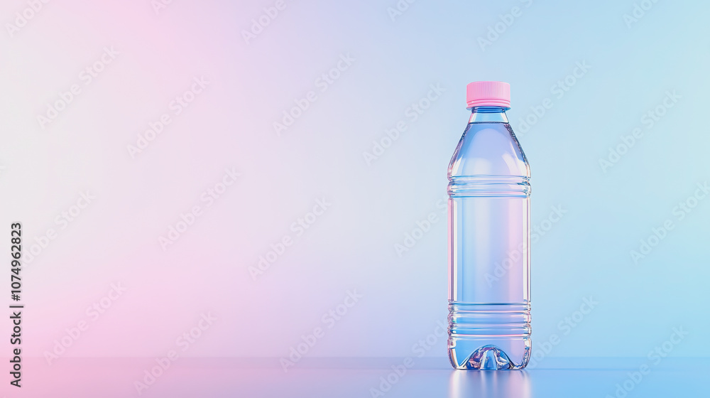 Poster of a sparkling water bottle on a smooth gradient background with soft pink and blue hues ideal for r