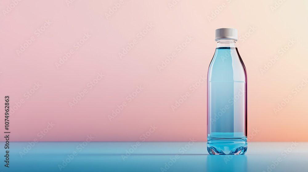 Poster high-quality of a sparkling water bottle on a smooth gradient background featuring soft pink and blu
