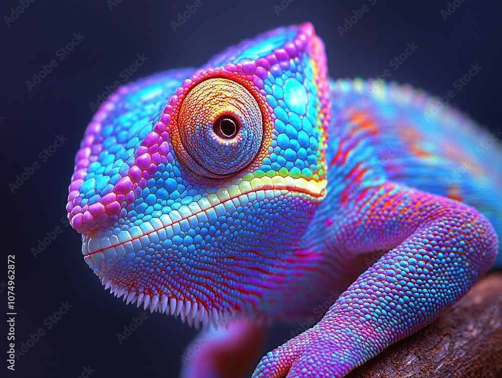 Poster colorful chameleon rests branch displaying vibrant skin patterns while focusing its eye intently. so