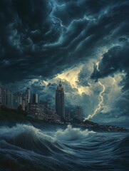 Dark storm clouds loom menacingly over a bustling coastal city, with waves crashing powerfully below as lightning illuminates the sky. Generative AI