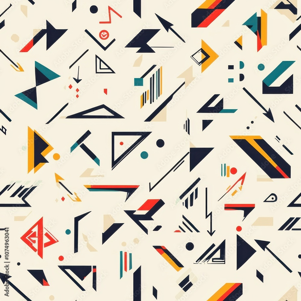 Poster dynamic arrangement of colorful arrows and geometric shapes spread across a light background creatin