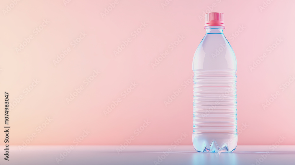 Poster realistic of a clear sparkling water bottle on a smooth gradient background with soft pink and blue 