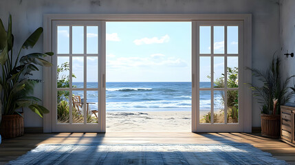 A serene view from an open door, showcasing the ocean and lush greenery in a tranquil seaside home.