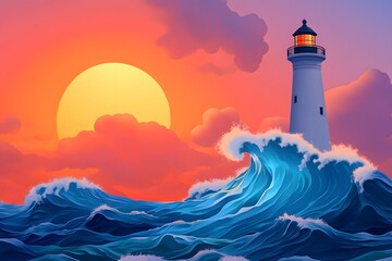 A vector illustration of the silhouette of a lighthouse on top of large waves, using simple shapes