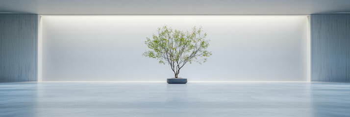 modern gallery featuring minimalist design with single bonsai tree as focal point, surrounded by soft lighting and serene atmosphere