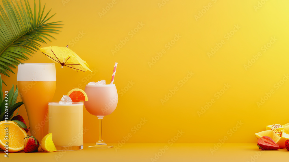 Poster refreshing summer drinks collection displayed on a smooth gradient background featuring tropical fru