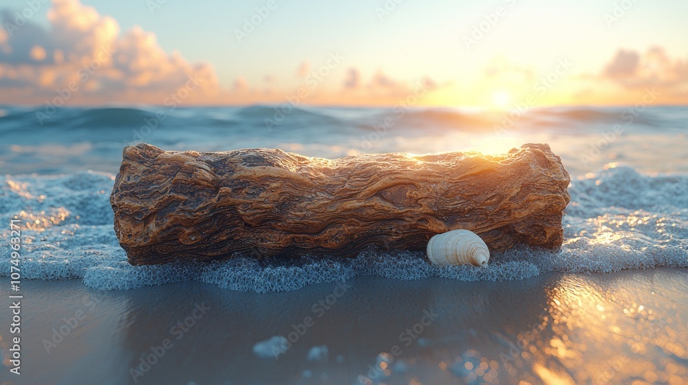Poster twilight settles beach as gentle waves lap smooth sand revealing solitary driftwood log seashell cal
