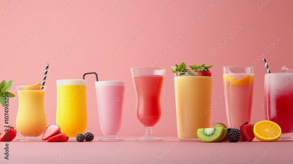 Poster refreshing summer drink collection with smooth gradient background featuring colorful cocktails and 