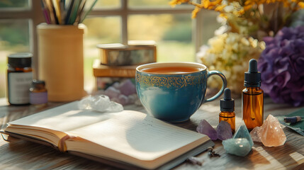 Fototapeta premium A serene workspace featuring a blue cup of tea, essential oils, and an open notebook surrounded by crystals.