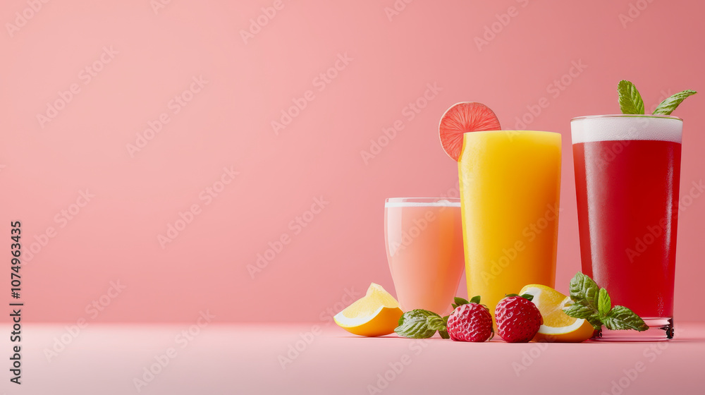 Poster Refreshing Summer Drinks Collection Featuring Colorful Beverages on a Smooth Gradient Background with Citrus Fruits and Berries for a Bright and Inviting Atmosphere