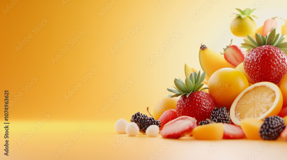 Poster vibrant summer fruit selection displayed on a smooth gradient background ideal for use in fresh food