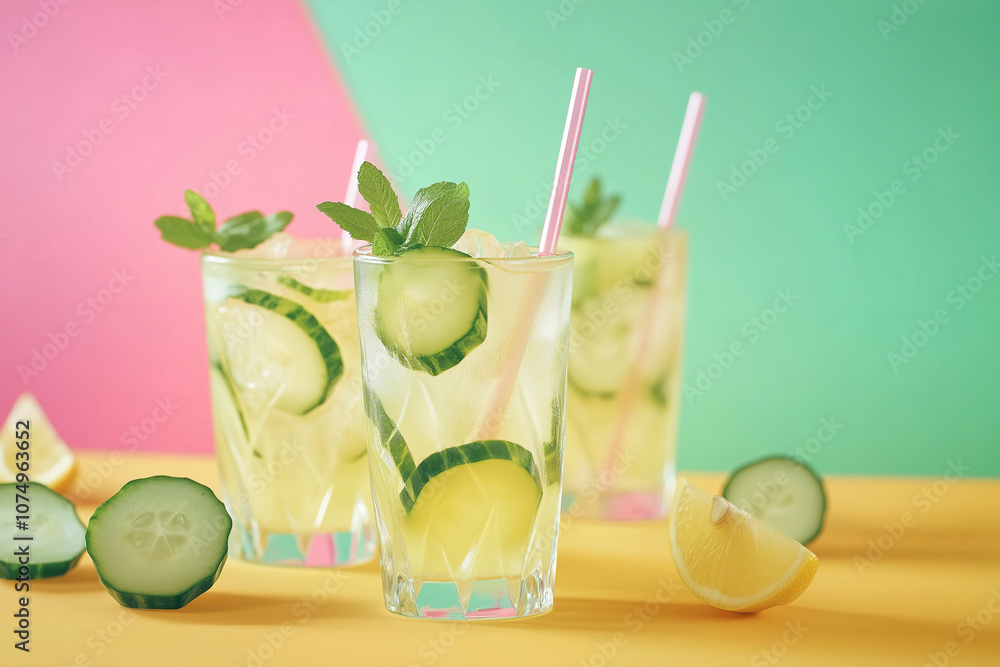 Poster refreshing cucumber lemon drinks served in clear glasses against a colorful backdrop of pink and gre