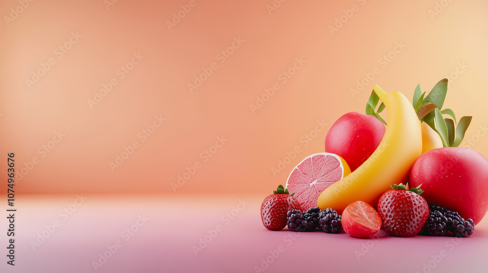 Poster a vibrant summer selection of fresh fruits displayed in on a smooth gradient background, highlightin