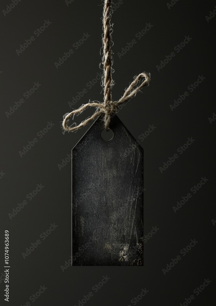 Poster a tag hanging from a string with a black tag on it
