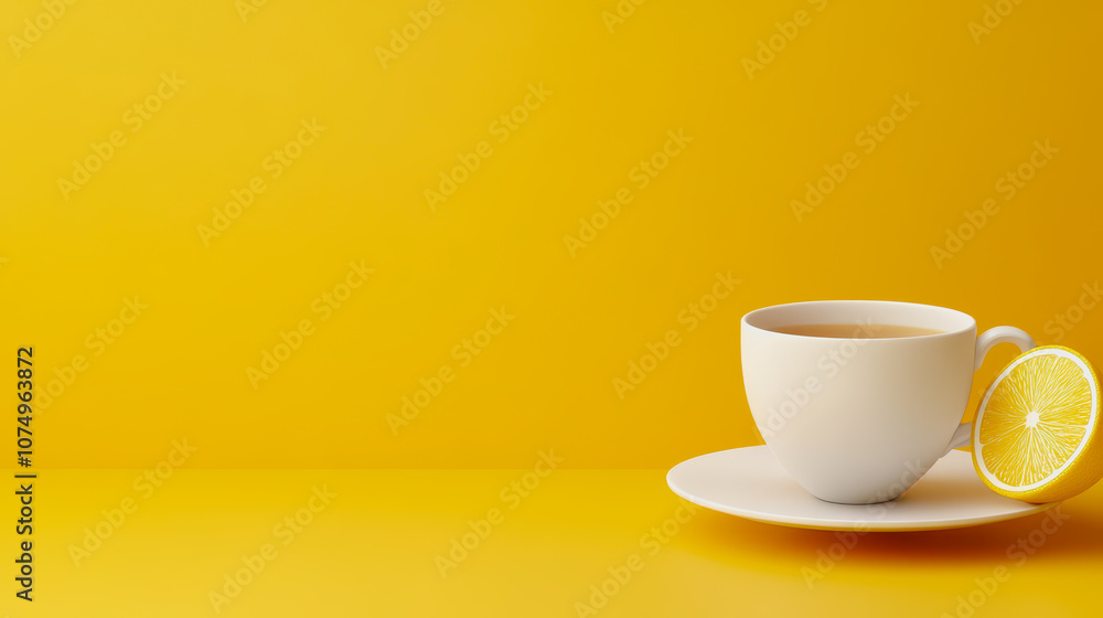 Poster refreshing tea with lemon on a smooth yellow gradient background ideal for serenity and relaxation