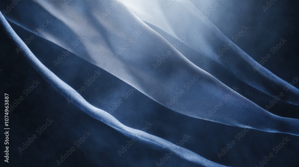 Poster Soft indigo fabric gently rippling against a smooth gradient background, creating a serene and calming atmosphere
