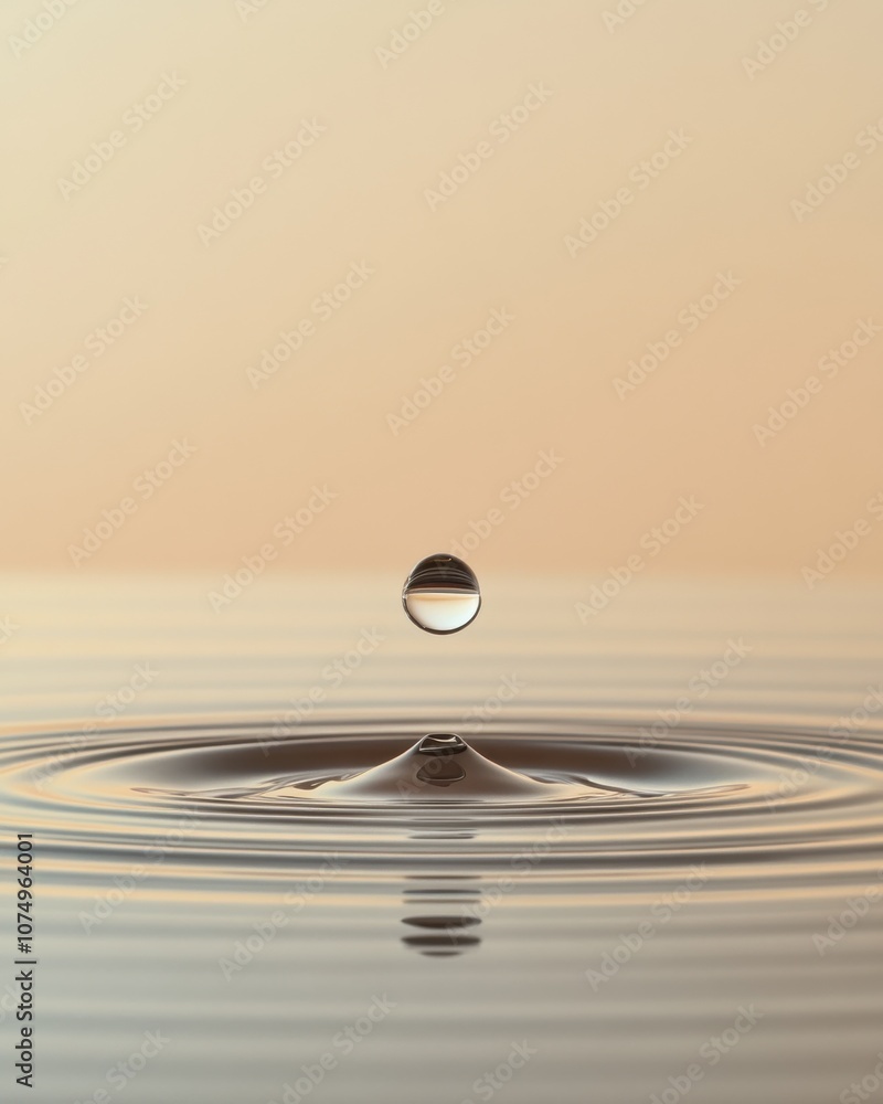 Poster a close-up view of a water drop gracefully falling onto still water, creating ripples in the early e