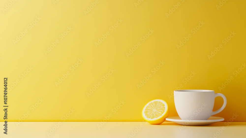 Poster a lemon slice next to a white cup of tea on a smooth gradient yellow background for refreshing and i