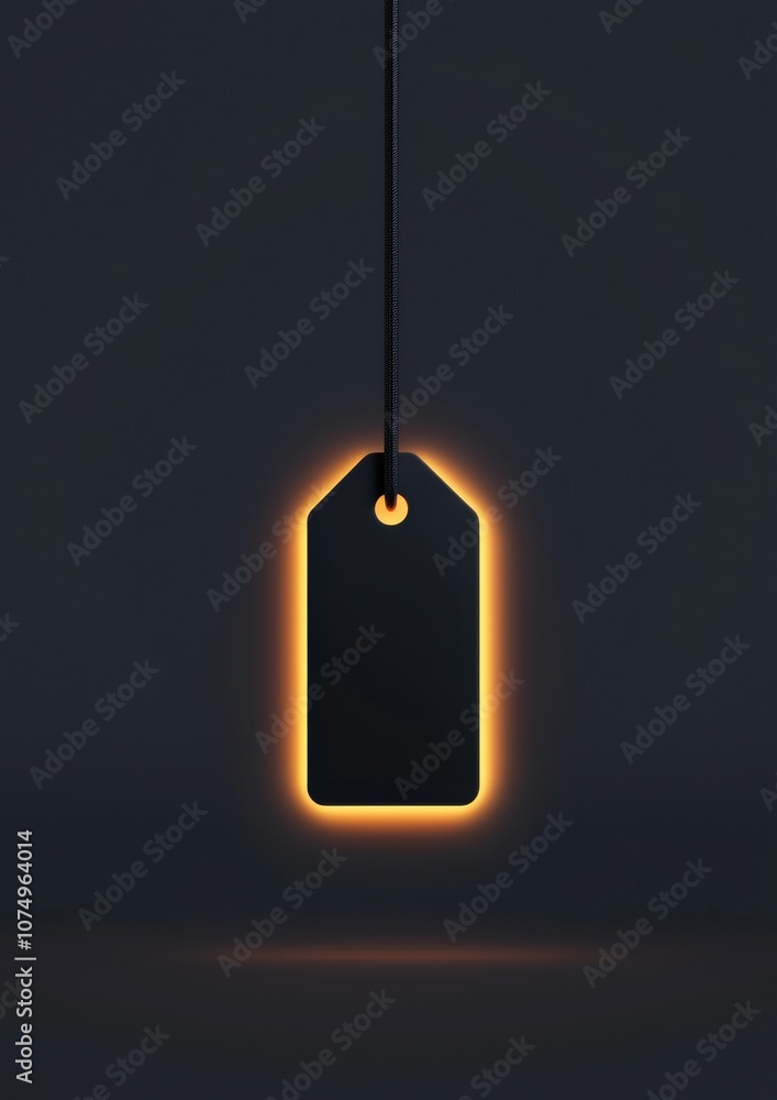 Poster a black tag with a yellow light is hanging from a string