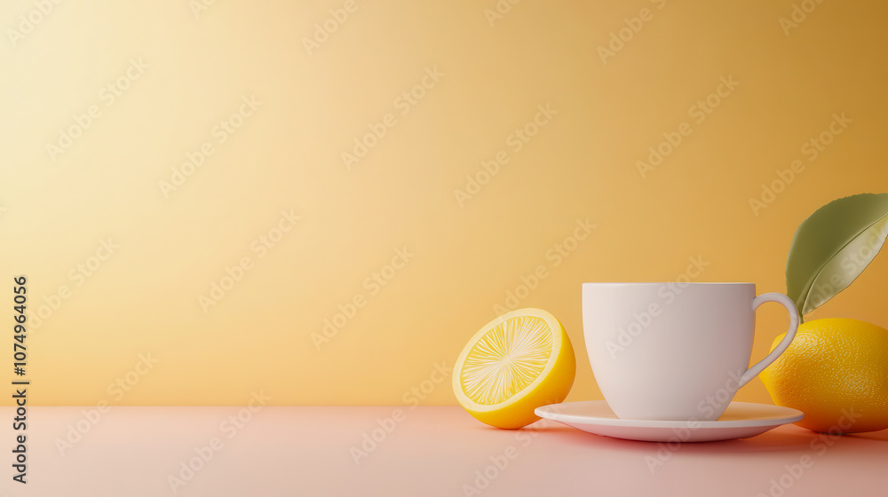 Poster refreshing cup of tea with lemon slices on a smooth gradient background for a bright and cheerful at