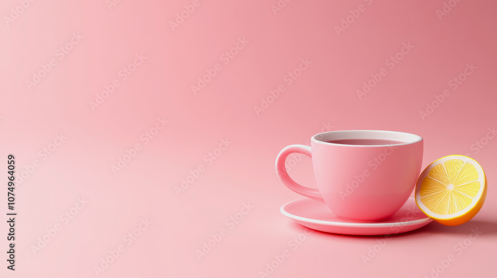 Poster aesthetic presentation of tea with lemon on smooth pink gradient background featuring a simple tea c