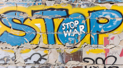 Fototapeta premium Graffiti mural with the words stop war on colorful wall background