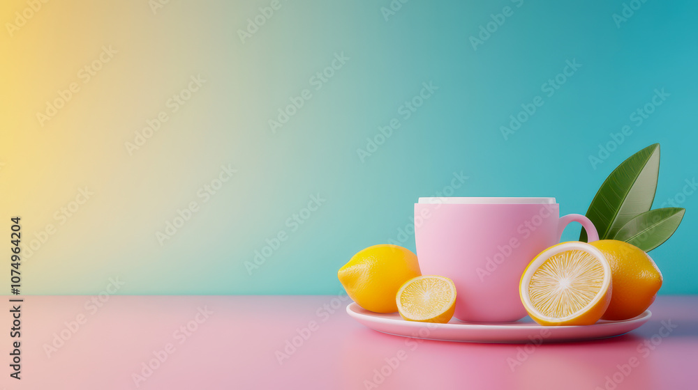 Poster refreshing tea with lemon served in a pink cup on a smooth gradient background ideal for vibrant and
