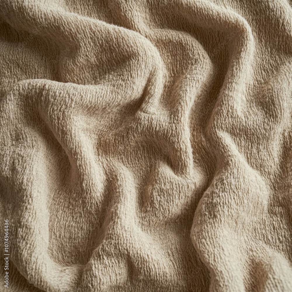 Poster soft beige fabric with gentle wrinkles on a textured surface, showcasing its luxurious feel and intr