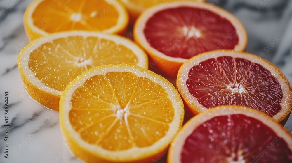 Poster close-up view of fresh, sliced citrus fruits including oranges and grapefruits arranged on a marble 