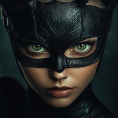 A close-up portrait of a woman in a dark mask showcasing fierce green eyes, captured in a dramatic lighting setup