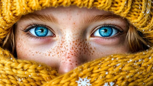 A woman with blue eyes and freckles looks out from behind a yellow knitted scarf on a snowy day