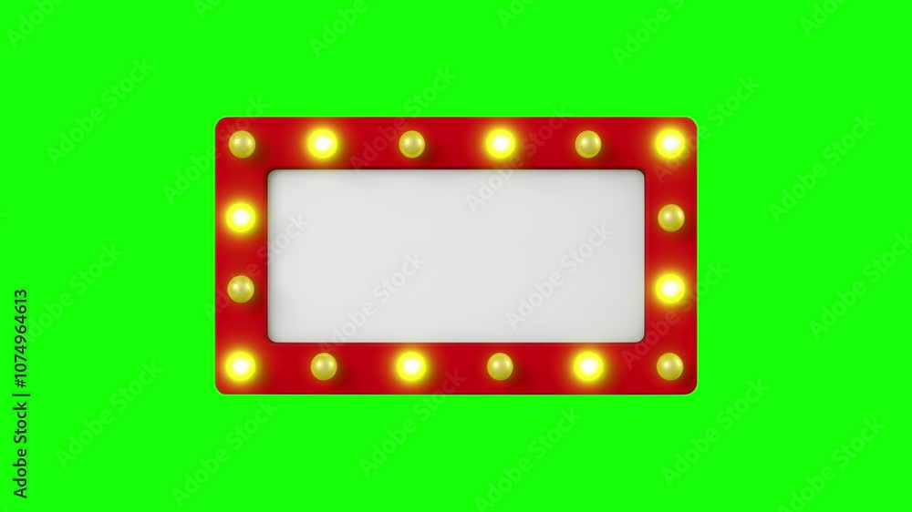Poster close up empty red sign mock up with blinking light bulbs, black and green screen background, 3d sea