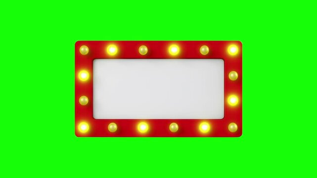 Close up empty red sign mock up with blinking light bulbs, black and green screen background, 3D seamless looping animation.