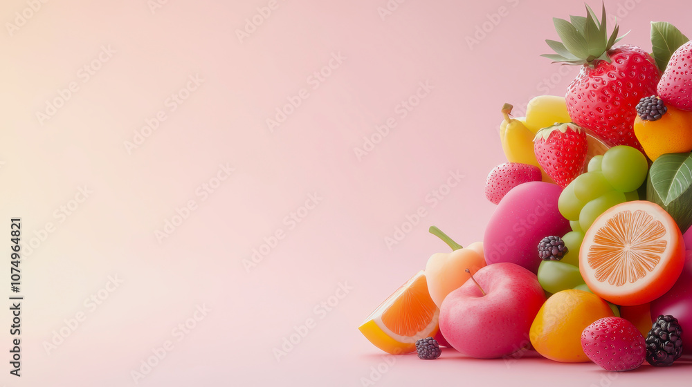 Poster a colorful array of fresh fruits displayed on a smooth gradient background for a vibrant and invitin