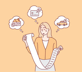 A woman is surprised as he looks at the long receipt. Financial crash and bankrupt concept. Hand drawn style vector design illustrations.