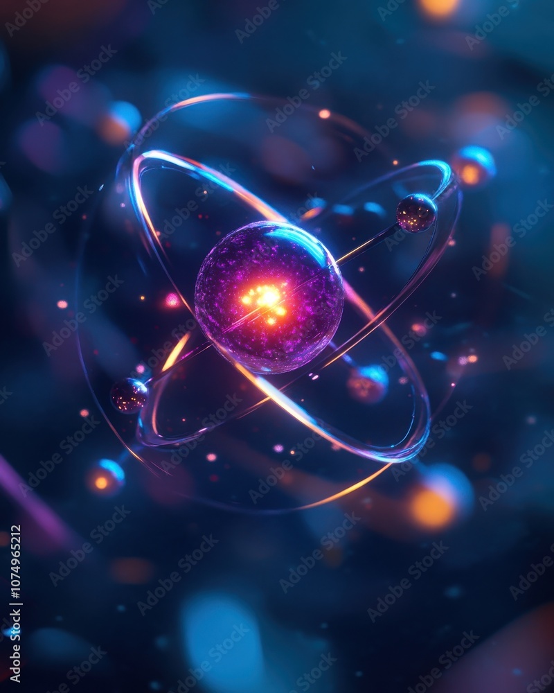 Fototapete Intricate close-up of a glowing atom structure with dynamic electron orbits, highlighting atomic particles in a vibrant, colorful setting