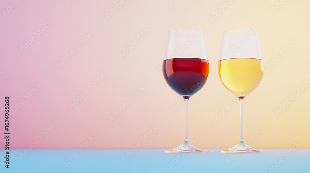Poster elegant display of red and white wine glasses on a smooth table with a soft gradient background, cap