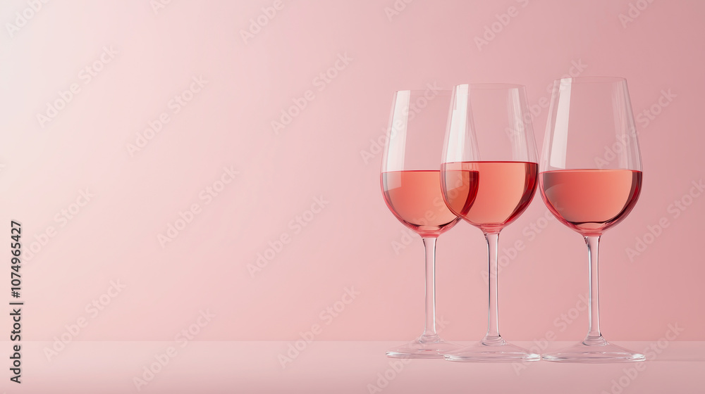 Poster elegant display of three wine glasses with rosé wine on a smooth gradient background in soft pink sh