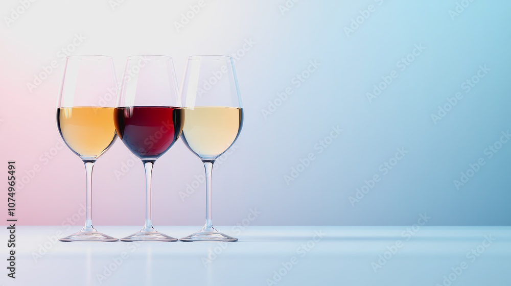 Poster three elegant wine glasses displayed on a smooth gradient background with vibrant colors highlightin