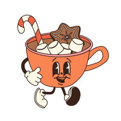 A retro cartoon cup of hot chocolate with marshmallows and a candy cane, designed as a Christmas mascot character