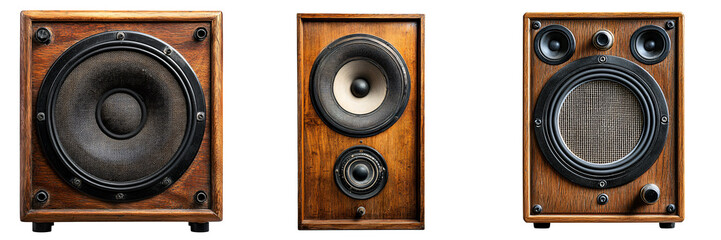 Vintage speaker with wooden casing and textured grill isolated on white and transparent background