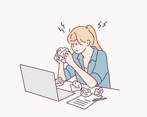 Frustrated businesswoman, Crumpled papers, work problems concept. Hand drawn style vector design illustrations.
