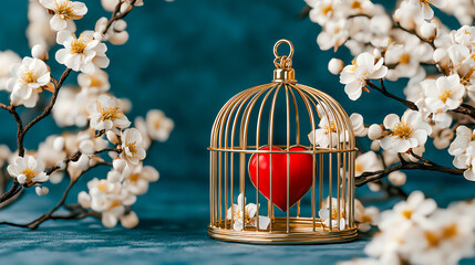 Golden cage with red heart surrounded by white blossoms on a teal background, symbolizing love and freedom.