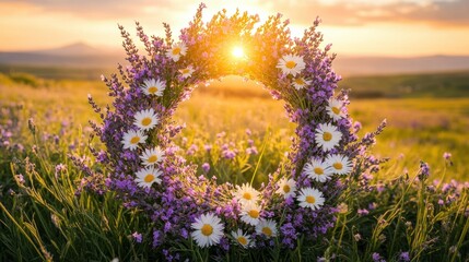 Naklejka premium A beautiful lavender and daisy floral wreath surrounded by blooming wildflowers at sunset in a serene meadow