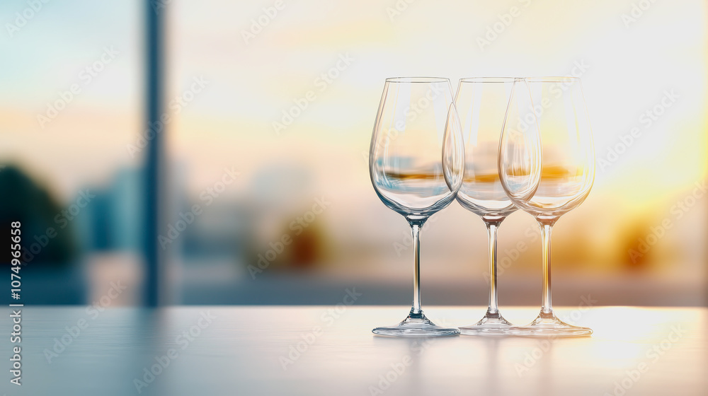 Poster elegant arrangement of three wine glasses on a smooth table with a beautiful gradient background of 