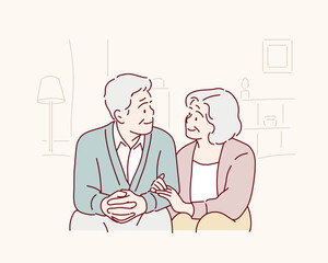 Positive middle aged man and woman in casual clothes while spending romantic time together in living room at home. Hand drawn style vector design illustrations.