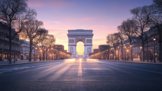 Fototapeta A stunning view of the Arc de Triomphe illuminated at dawn on a peaceful Parisian street lined with trees