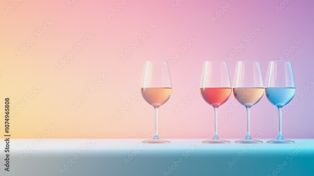 Poster elegant 3d rendering of wine glasses with smooth gradient background on a table, ideal for promotion