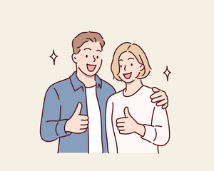 Young smiling happy couple two friends family man woman. thumbs up. Hand drawn style vector design illustrations.