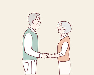 senior man and senior woman holding hands. Hand drawn style vector design illustrations.